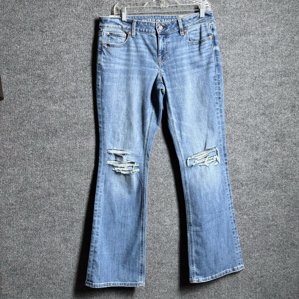 American Eagle Kick Boot Jeans 10 Super Low Rise Distressed Stretch Y2K Blue 30W - Picture 2 of 14